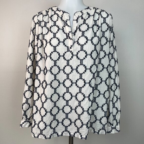 LOFT Top XS Ivory Navy Blue Textured Lightweight Cotton Popover Blouse Women's - Picture 1 of 13